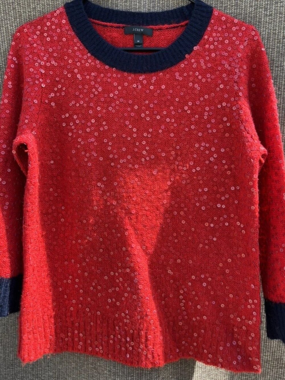 J.Crew Red Sequin Long Sleeves Pullover Wool Mohair Knit Sweater Top Size M
